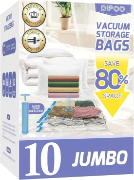 10 Pack Jumbo Vacuum Storage Bags with Hand Pump, 80% Storage Space Saving, Sturdy Leak-Free Space Saver Vacuum Seal Bags for Clothing, Vacuum Compression Bags for Travel Lugggage Blankets Comforters