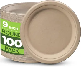 100% Compostable Paper Plates Heavy Duty - 100 Pack Biodegradable Disposable Plates  9 Brown Disposable Dinner Plates Made of Eco-Friendly, Natural Unbleached Sugarcane Bagasse, Microwavable Plates