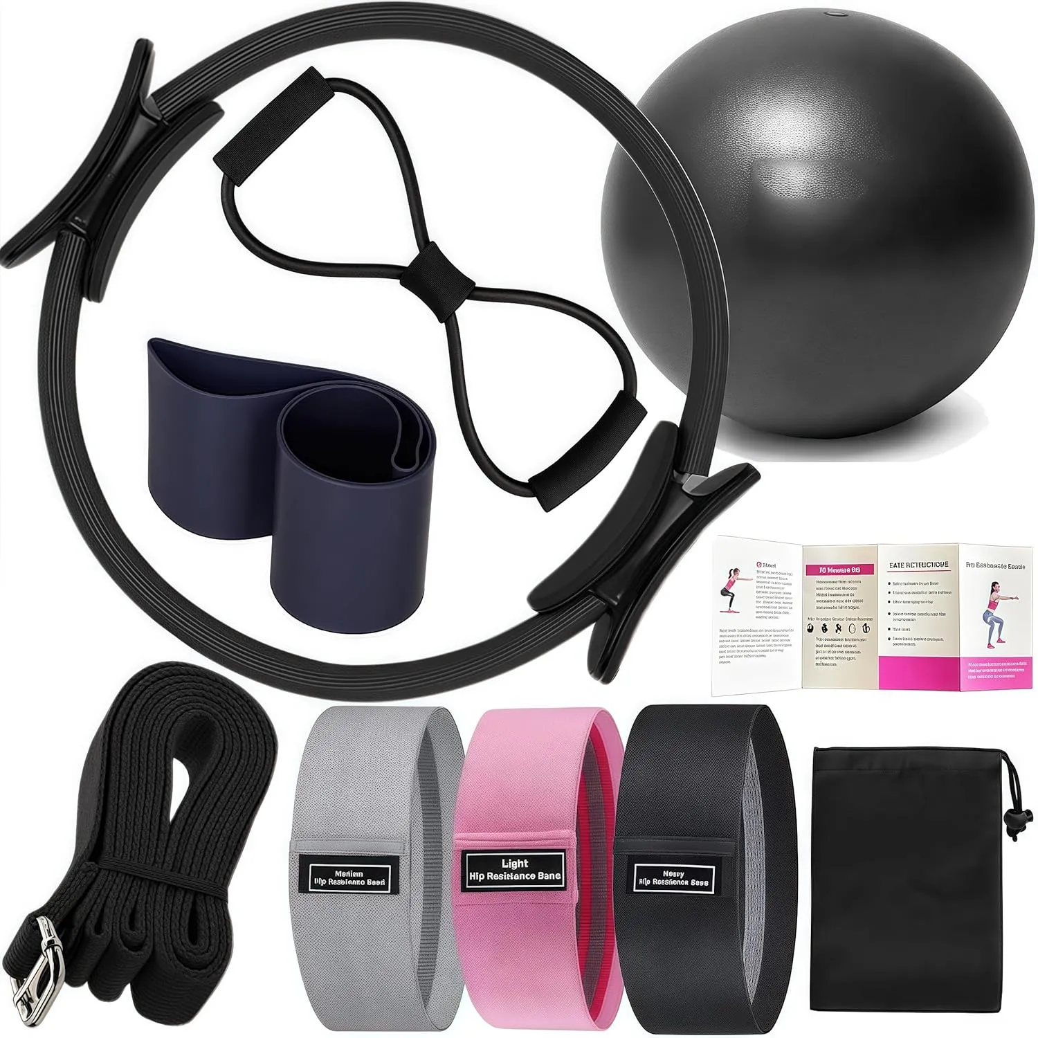 8Pcs Yoga Sets for Women Pilates at Home Equipment Pilates Magic Ring Booty Bands for Working Out Glutes Yoga Ball 25cm Figure 8 Resistance Band Yoga Bands for Stretching (Black)