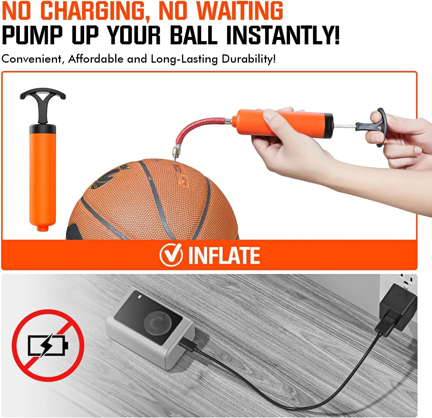 Ball Pump, Ball Pump for Sport Balls, Soccer Ball Pump, Hand Pump with 3 Needles, Nozzle, Extension Hose, Perfect for Volleyball, Basketball, Rugby, Balloon, Exercise Ball Inflator System