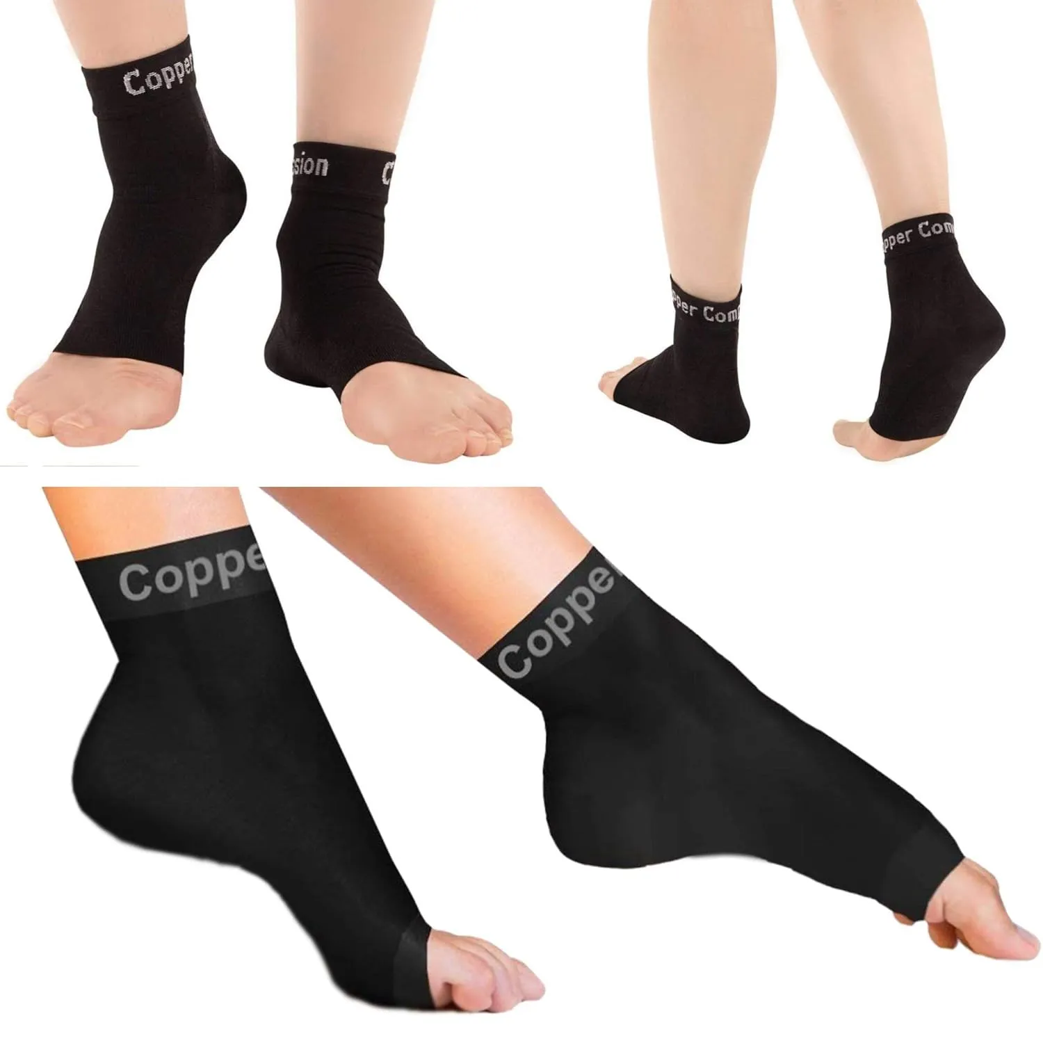 Copper Compression Foot Sleeves - Plantar Fasciitis, Achilles, Ankle Support Brace Socks - Day / Night Relief from Heel Spurs, Arch Pain, Swelling, Soccer Injuries, Golf, Running - 1 Pair Black - S/M