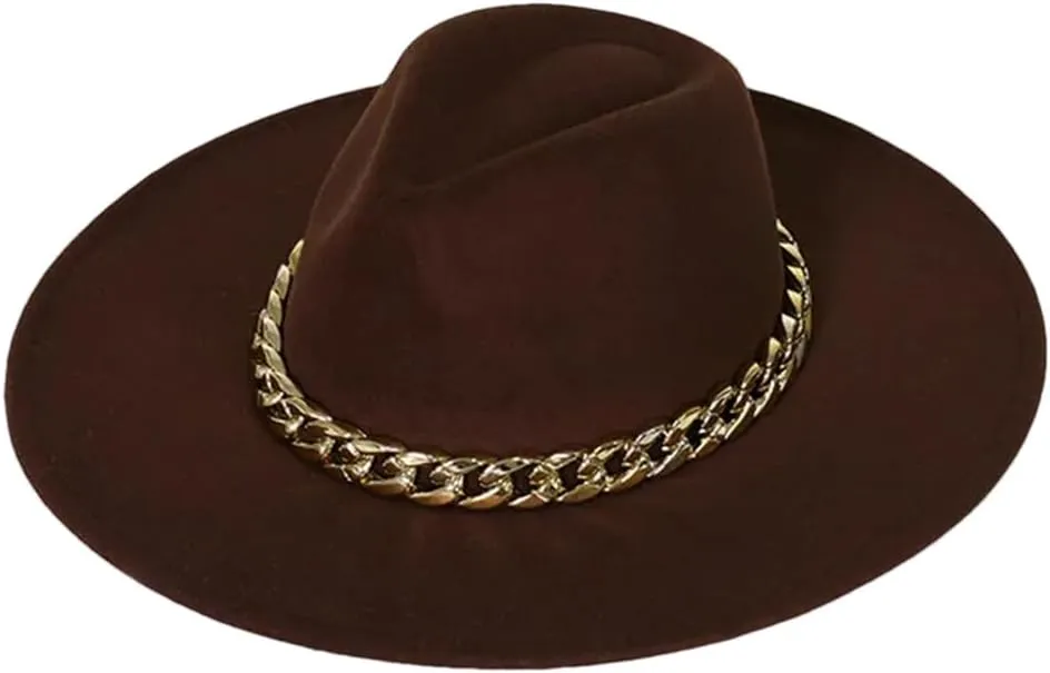 Dcvmvmn Women Chain Adjustable Big Brim Hat Unisex Fedora Hat Jazz Winter Hat