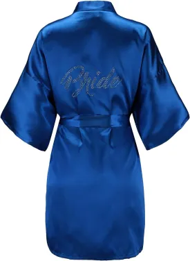 EPLAZA Women's One Size Silver Rhinestones Bride Bridesmaid Short Satin Robes for Wedding Party Getting Ready