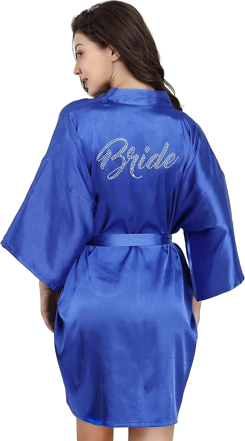 EPLAZA Women's One Size Silver Rhinestones Bride Bridesmaid Short Satin Robes for Wedding Party Getting Ready