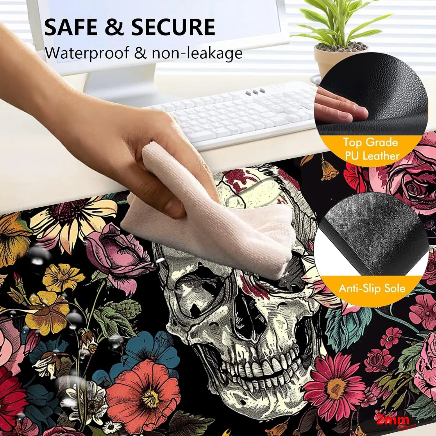 Heated Mouse Pad with 3 Levels Heated & 3 Hours Auto Shut-Off Mouse Pad for Warming Hands in Office Home, 23.6" x 14.2"Large Safe Desk Mat Hand WarmerSkull in Flowers