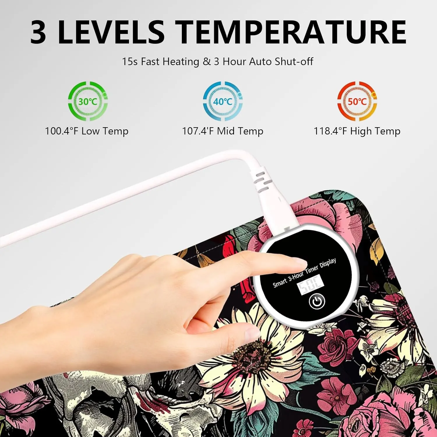 Heated Mouse Pad with 3 Levels Heated & 3 Hours Auto Shut-Off Mouse Pad for Warming Hands in Office Home, 23.6" x 14.2"Large Safe Desk Mat Hand WarmerSkull in Flowers