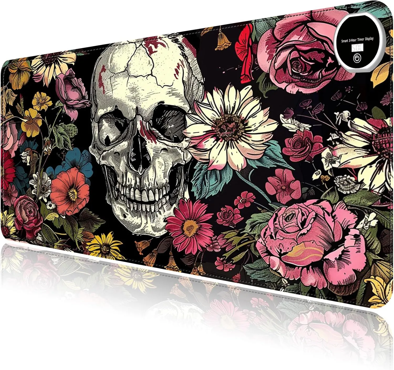 Heated Mouse Pad with 3 Levels Heated & 3 Hours Auto Shut-Off Mouse Pad for Warming Hands in Office Home, 23.6" x 14.2"Large Safe Desk Mat Hand WarmerSkull in Flowers