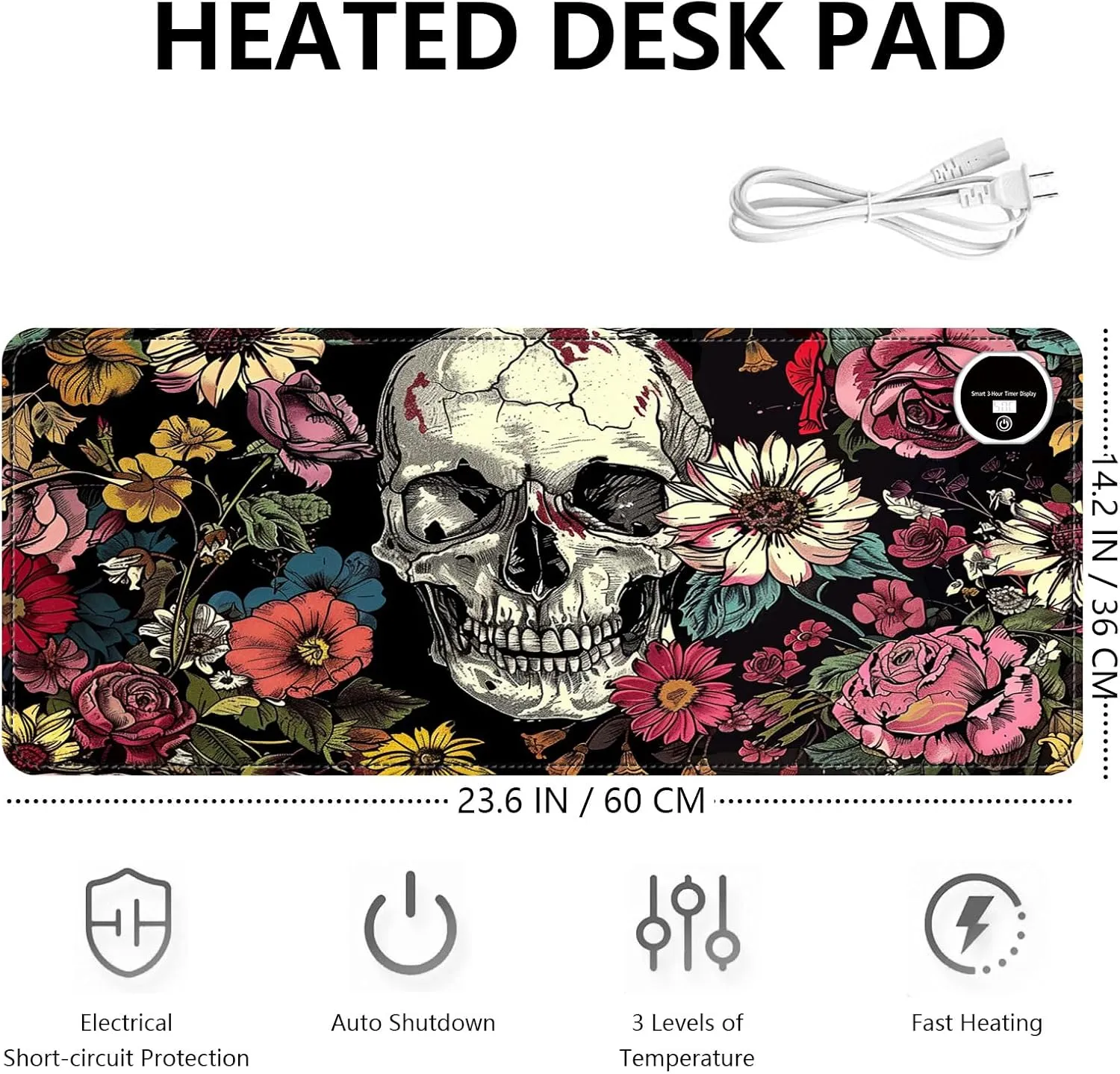 Heated Mouse Pad with 3 Levels Heated & 3 Hours Auto Shut-Off Mouse Pad for Warming Hands in Office Home, 23.6" x 14.2"Large Safe Desk Mat Hand WarmerSkull in Flowers