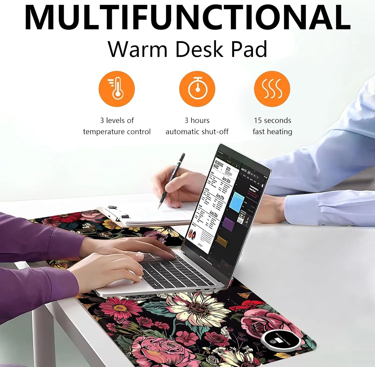 Heated Mouse Pad with 3 Levels Heated & 3 Hours Auto Shut-Off Mouse Pad for Warming Hands in Office Home, 23.6" x 14.2"Large Safe Desk Mat Hand WarmerSkull in Flowers