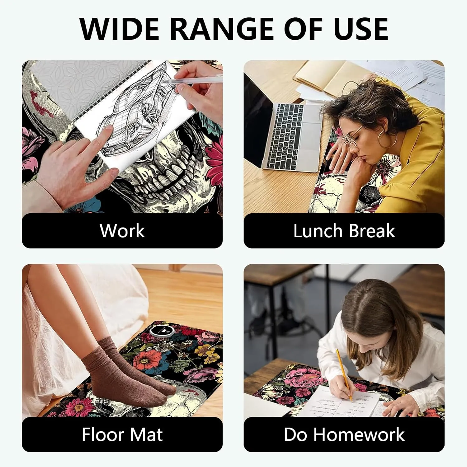 Heated Mouse Pad with 3 Levels Heated & 3 Hours Auto Shut-Off Mouse Pad for Warming Hands in Office Home, 23.6" x 14.2"Large Safe Desk Mat Hand WarmerSkull in Flowers