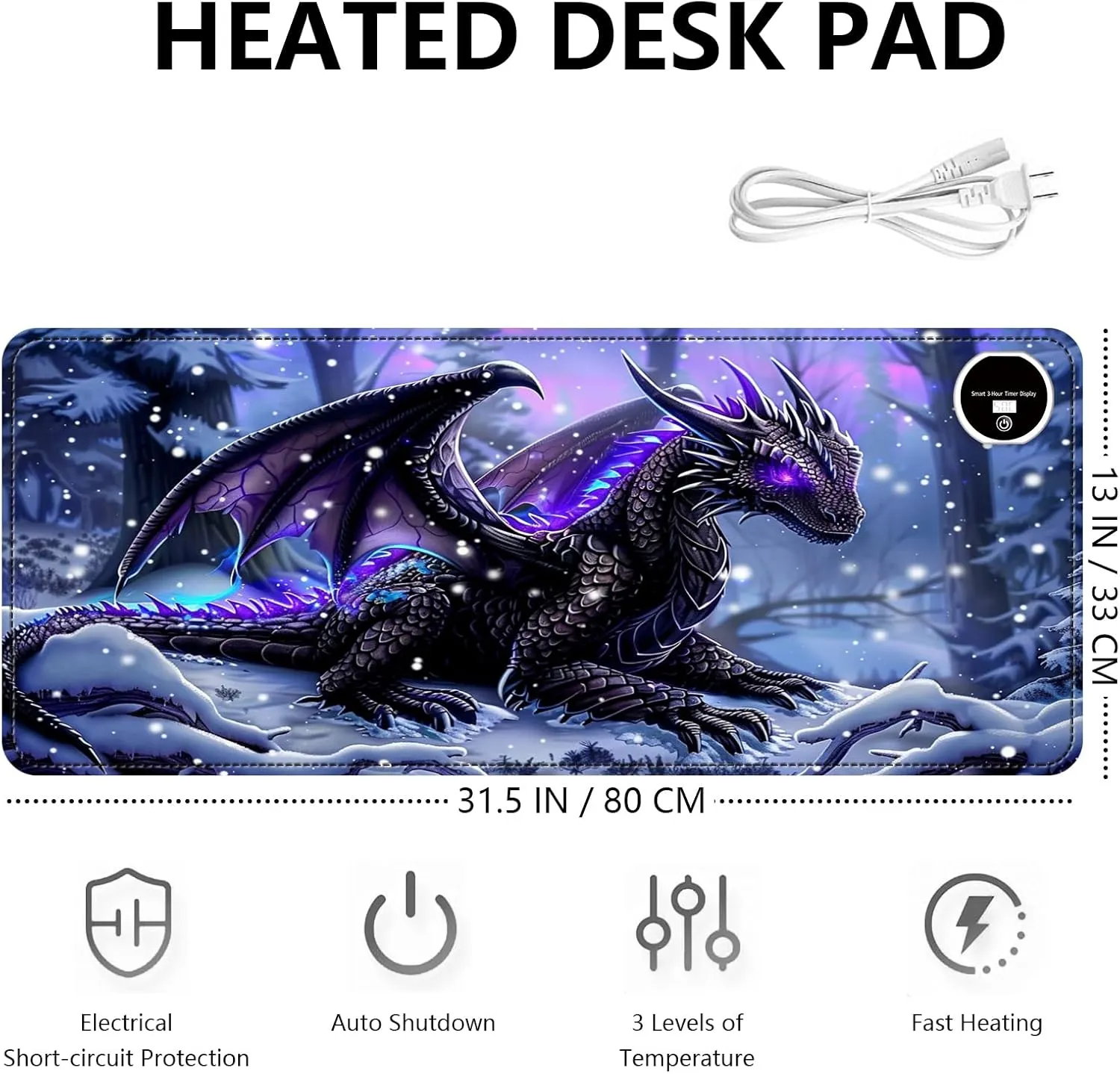 Heated Mouse Pad with 3 Levels Heated & 3 Hours Auto Shut-Off Mouse Pad for Warming Hands in Office Home, 31.5" x 13"Large Safe Desk Mat Hand WarmerPurple Flying Dragon