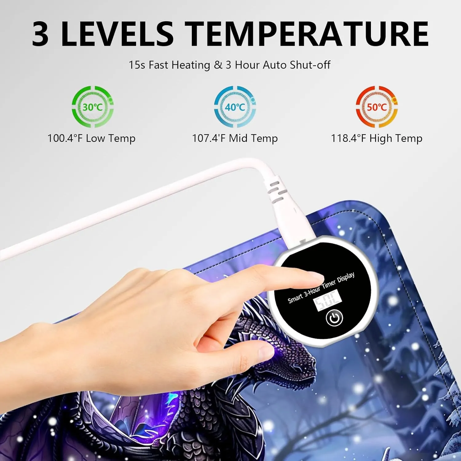 Heated Mouse Pad with 3 Levels Heated & 3 Hours Auto Shut-Off Mouse Pad for Warming Hands in Office Home, 31.5" x 13"Large Safe Desk Mat Hand WarmerPurple Flying Dragon