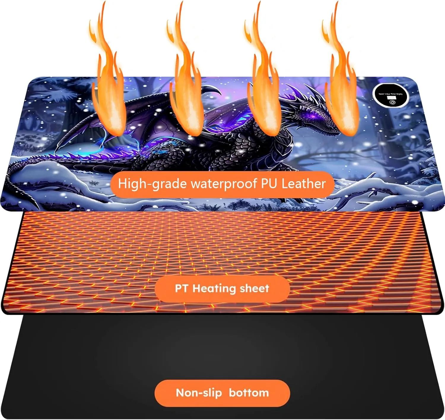 Heated Mouse Pad with 3 Levels Heated & 3 Hours Auto Shut-Off Mouse Pad for Warming Hands in Office Home, 31.5" x 13"Large Safe Desk Mat Hand WarmerPurple Flying Dragon