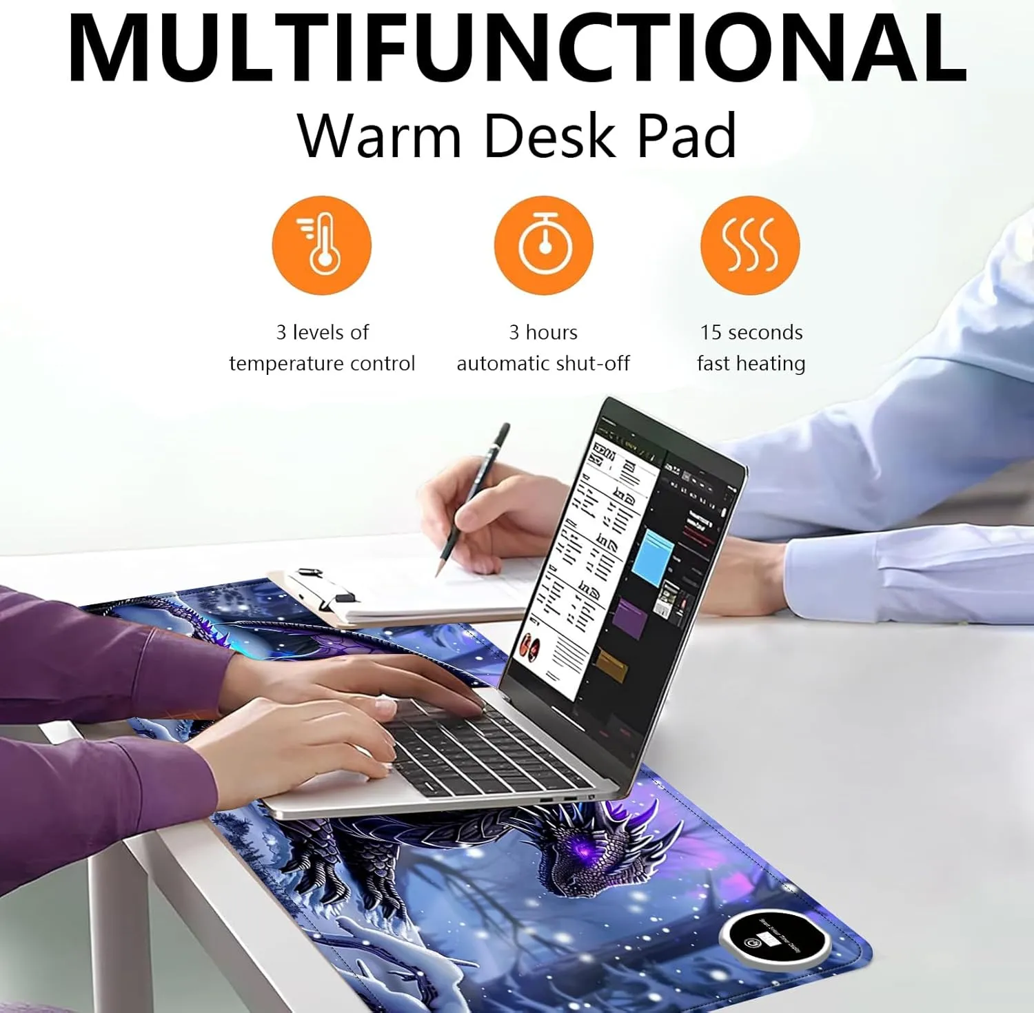 Heated Mouse Pad with 3 Levels Heated & 3 Hours Auto Shut-Off Mouse Pad for Warming Hands in Office Home, 31.5" x 13"Large Safe Desk Mat Hand WarmerPurple Flying Dragon
