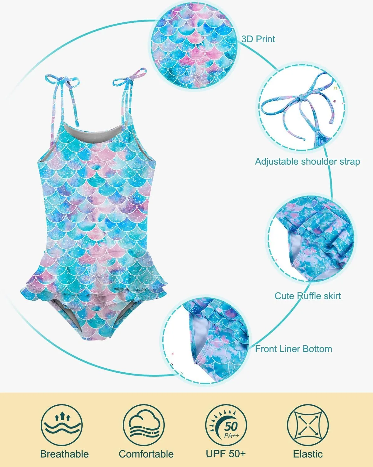 Lovekider Girls Swimsuit One-Piece Adjustable Straps Swimwear Ruffled Tankini Bathing Suit with Sun Protection 2-9 Years Old