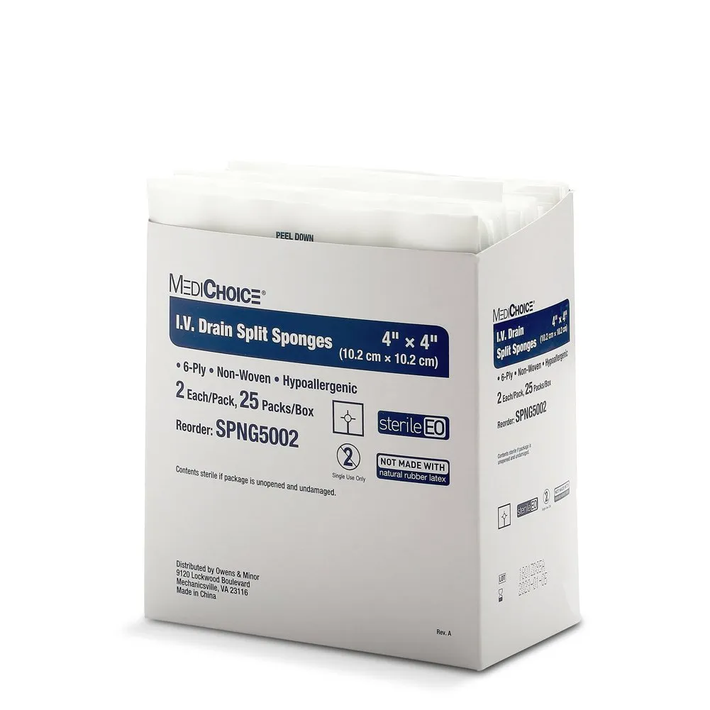 MediChoice IV Drain Split Sponge, Non-Woven, Sterile, Hypoallergenic, 4x4 Inch, White, 1314SPNG5002 (Case of 300)