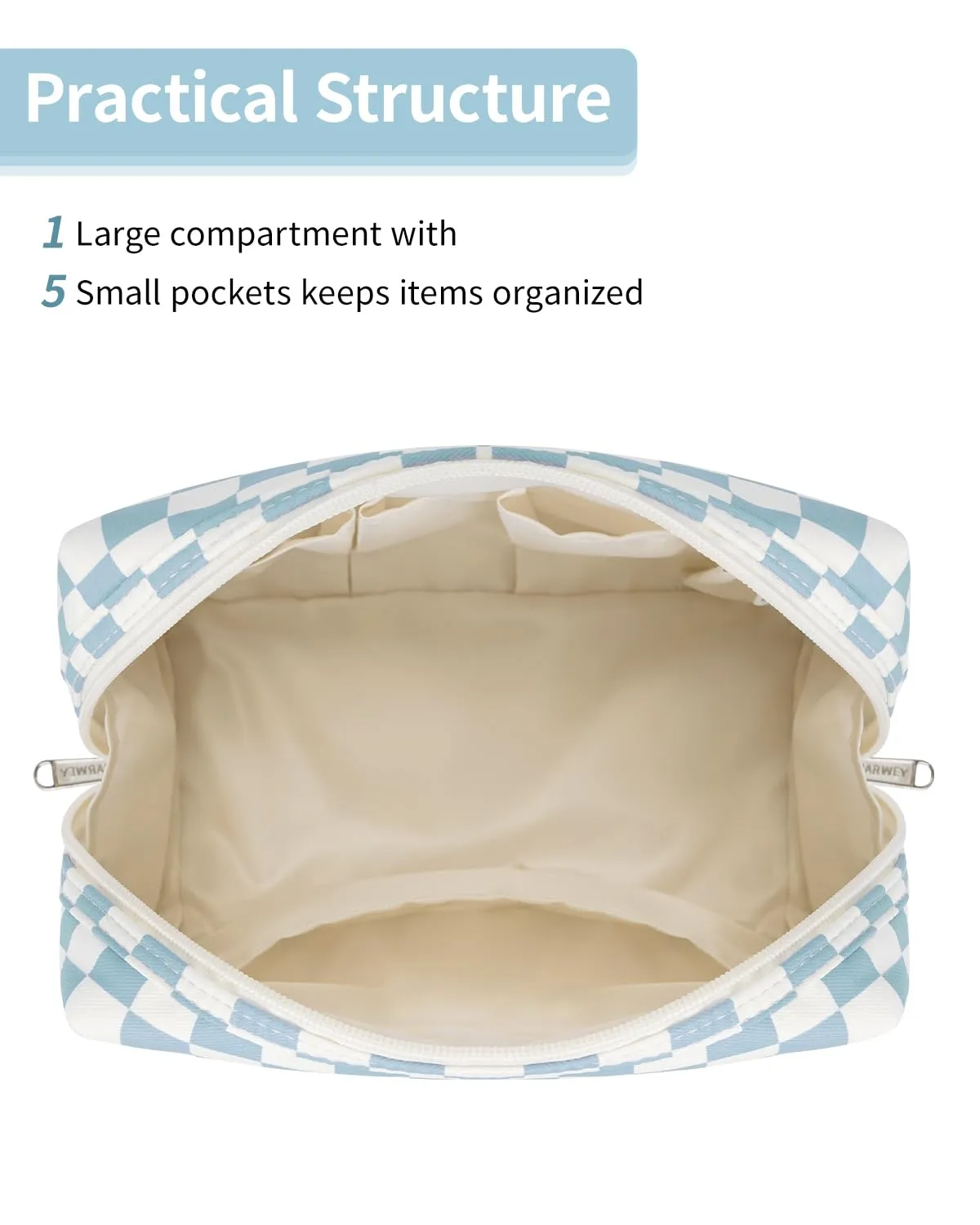 Narwey Checkered Makeup Bag Travel Cosmetic Bag Organizer Toiletry Bag Make Up Bags with Compartments for Women Girls((Large, Sky Blue Checkerboard)