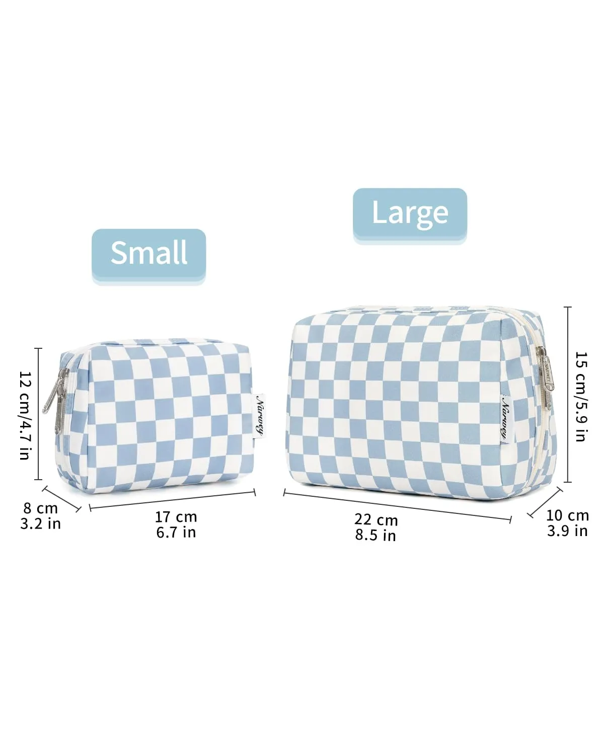 Narwey Checkered Makeup Bag Travel Cosmetic Bag Organizer Toiletry Bag Make Up Bags with Compartments for Women Girls((Large, Sky Blue Checkerboard)