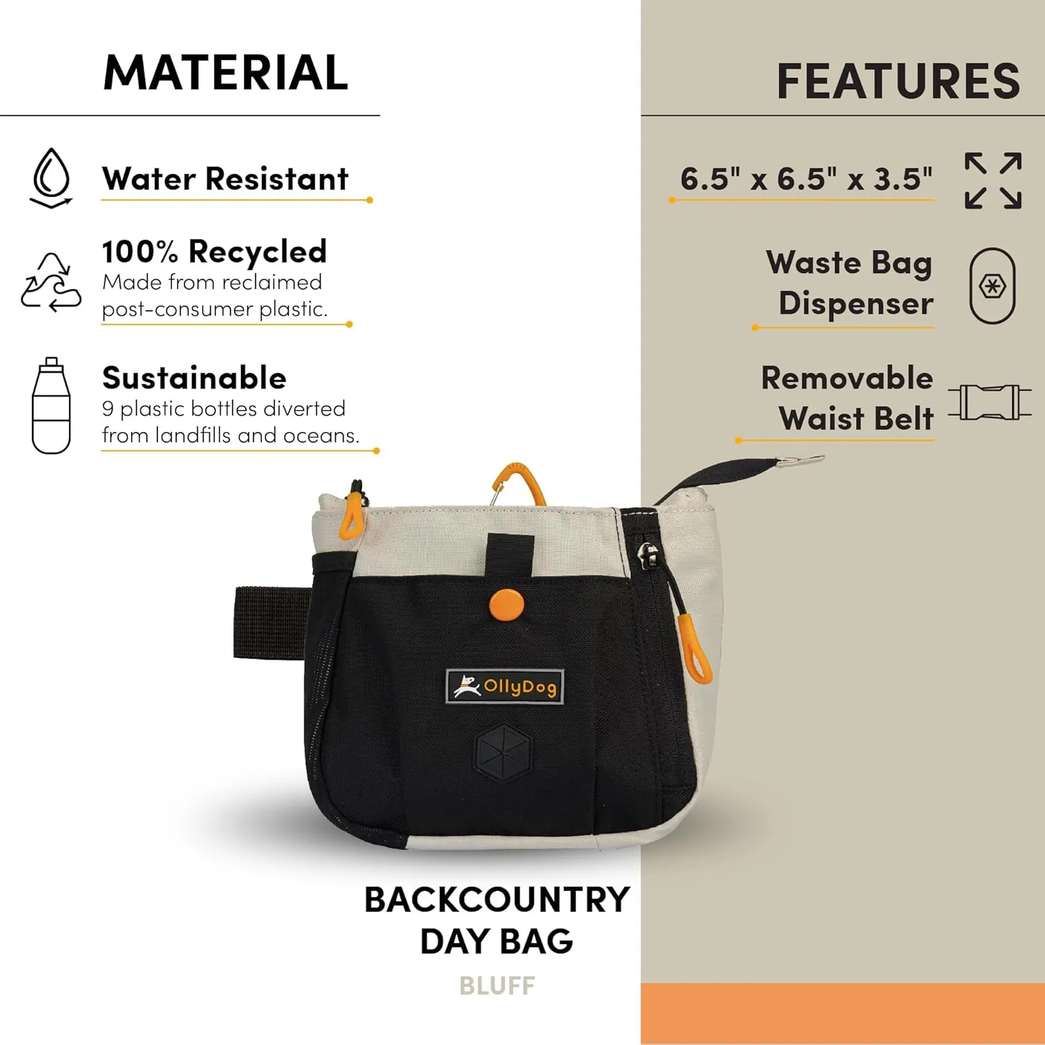 OllyDog Backcountry Day Bag | Hands-Free Dog Training Treat Pouch | Fanny/Hip Pack with Zipper Closure & Built-in Poop Bag Dispenser | Removable Waist Clip (Bluff)
