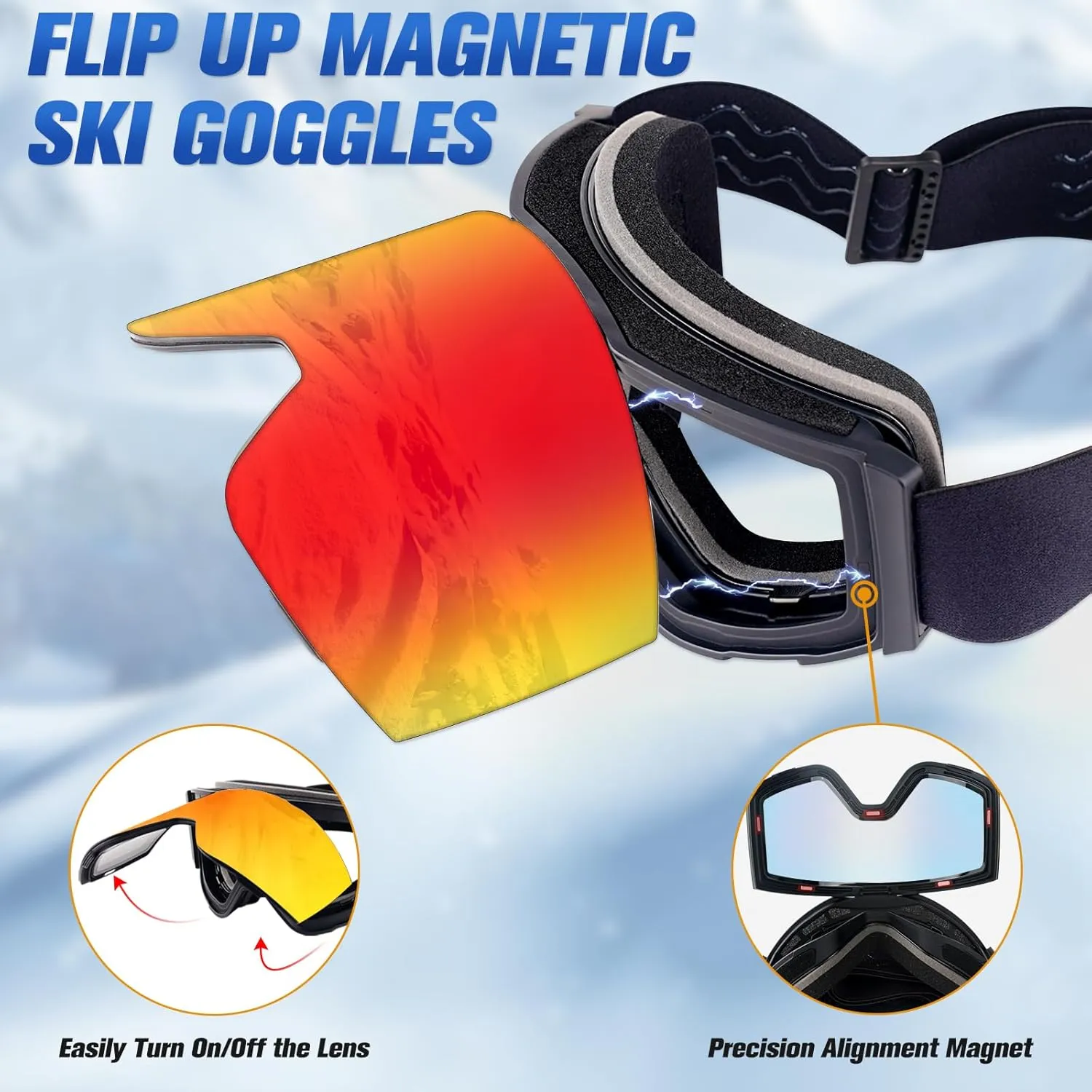 Ski Goggles Frameless Flip Up Snow Goggles for Men and Women, Anti-Fog UV Snowboard Goggles, Adult Ski Goggles