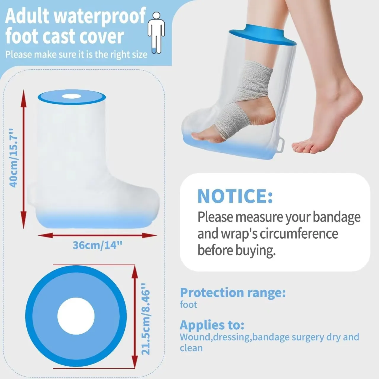 Waterproof Foot Cover for Shower Adult, Watertight Foot Shower Protector Post Surgery with Non-Slip Padding Bottom for Ankle/Toe Surgery, Broken Foot and Wound