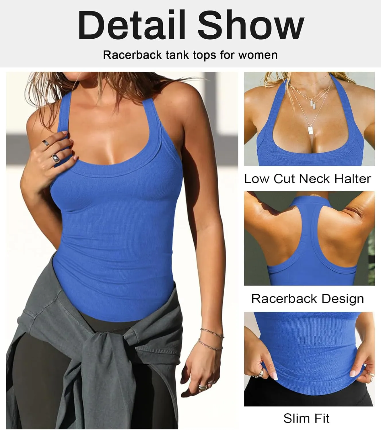 Womens Halter Top Deep Scoop Neck Low Cut Racerback Tank Top for Women Workout Ribbed Knit Fitted Sleeveless Cami Shirt