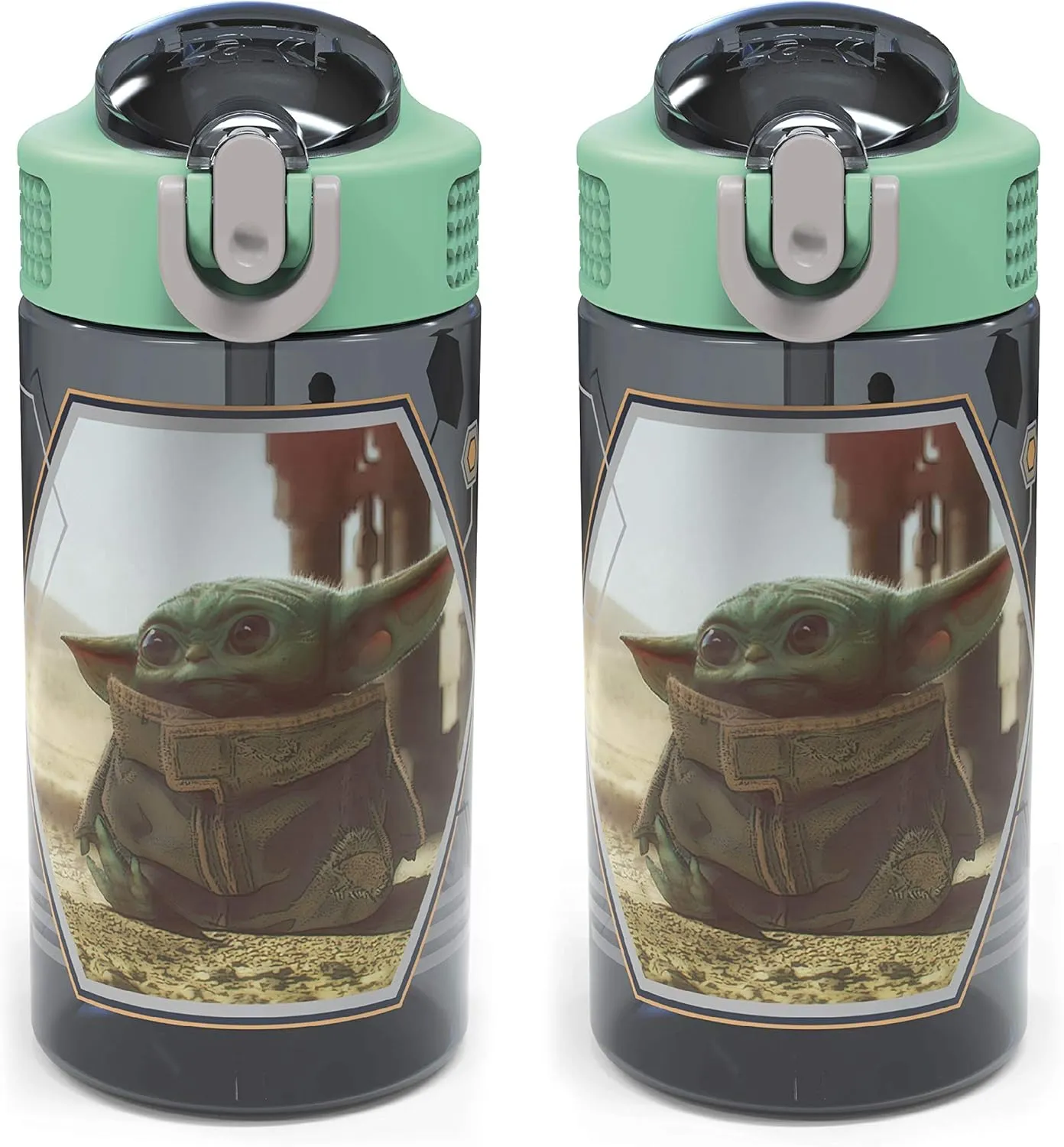 Zak Designs Baby Yoda Kids Durable Plastic Spout Cover And Built-in Carrying Loop, Leak-Proof Water Design For Travel, (16oz, 2pc Set), Grogu Bottle 2pk Star Wars