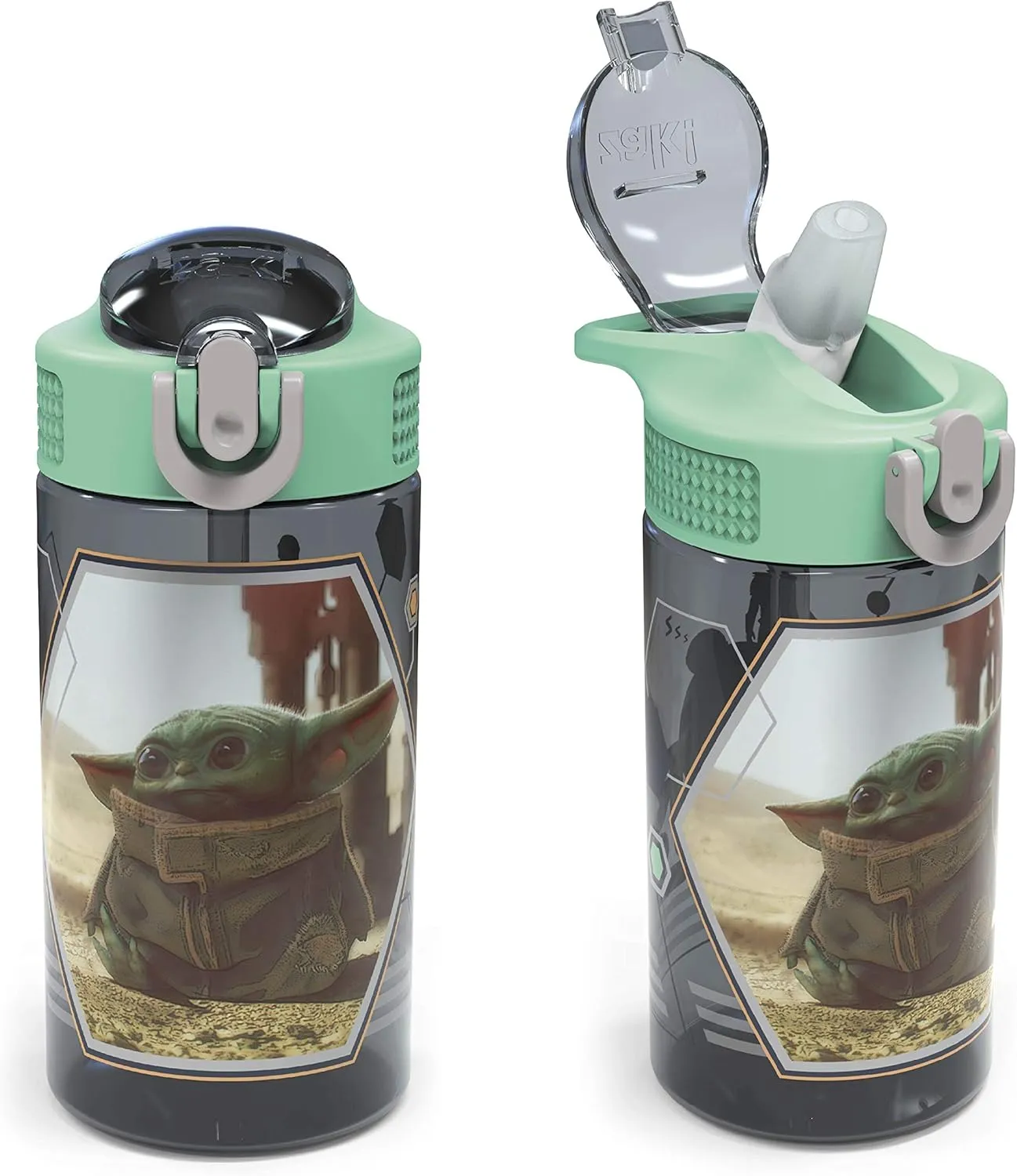 Zak Designs Baby Yoda Kids Durable Plastic Spout Cover And Built-in Carrying Loop, Leak-Proof Water Design For Travel, (16oz, 2pc Set), Grogu Bottle 2pk Star Wars